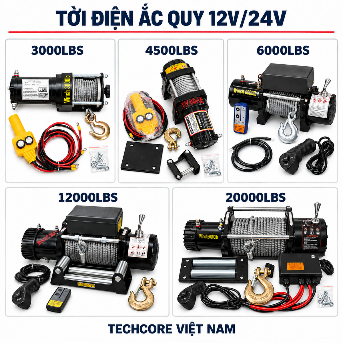Tời Điện Ắc Quy 12V/24V Đầy Đủ – 12V 4500LBS + khiển xa – ảnh 2
