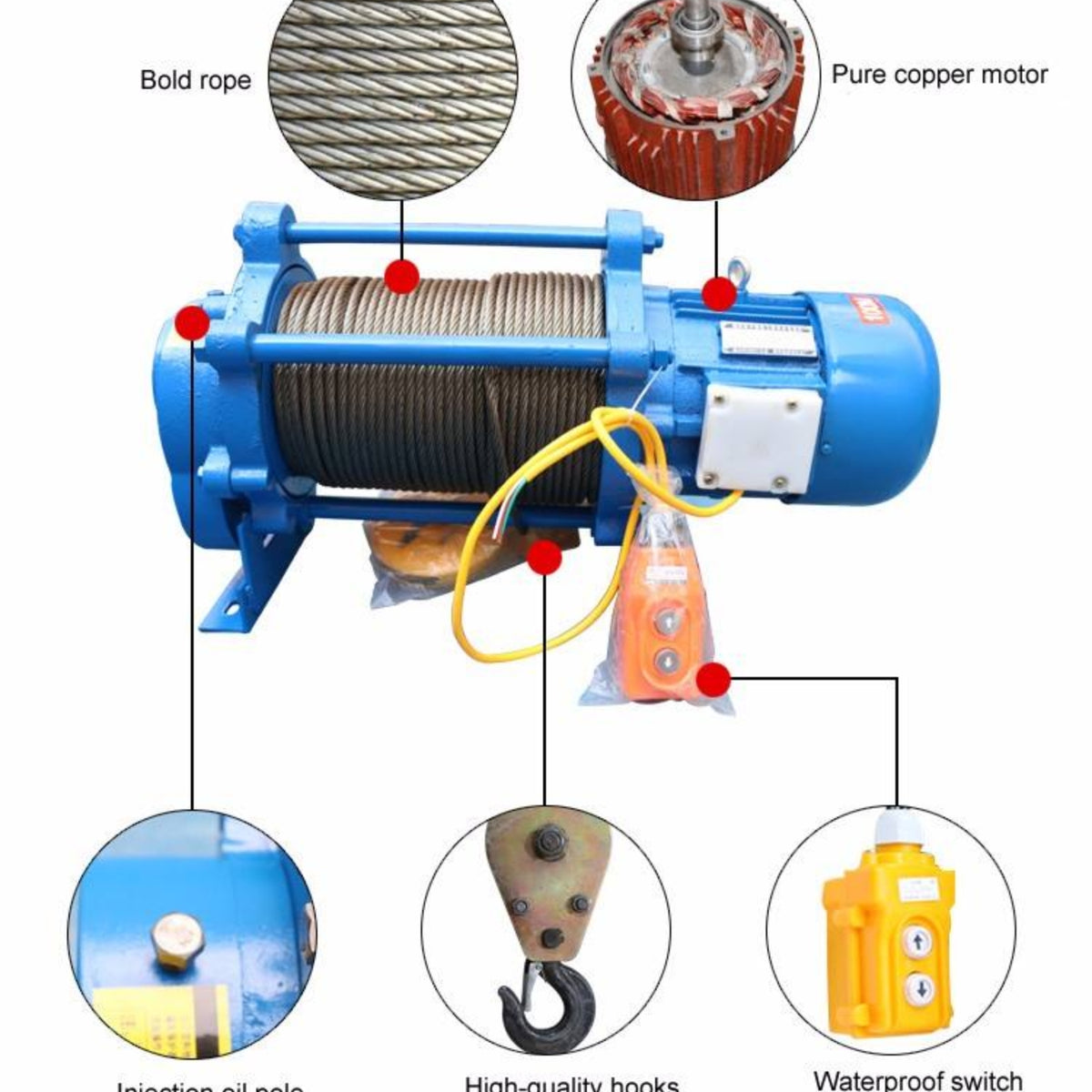 Tời Điện Kéo Mặt Đất 220V/380V, Tải 300–1500kg, Cáp 30–100m