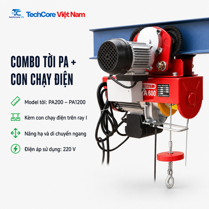 Combo tời PA và con chạy điện trên ray thép I - TechCore Việt Nam