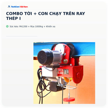Combo Tời + con chạy trên ray thép I – PA1200 + Rùa 1000kg + Khiển xa – ảnh chính