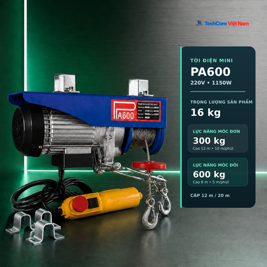 Máy tời PA600 220V - nâng móc đơn 300 kg, móc đôi 600 kg, cáp 12 m hoặc 20 m