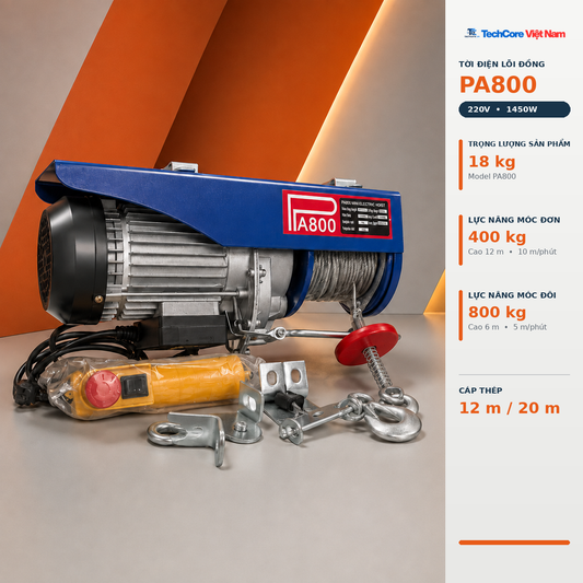 Máy tời PA800 lõi đồng 220V - nâng móc đơn 400 kg, móc đôi 800 kg, cáp 12 m hoặc 20 m