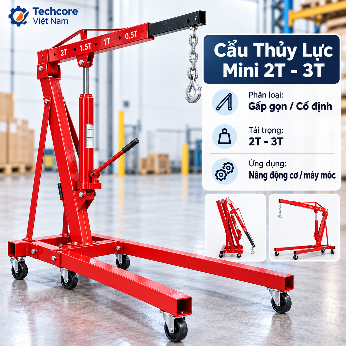 Ảnh đồ họa Techcore Việt Nam giới thiệu cẩu thủy lực mini 2–3 tấn