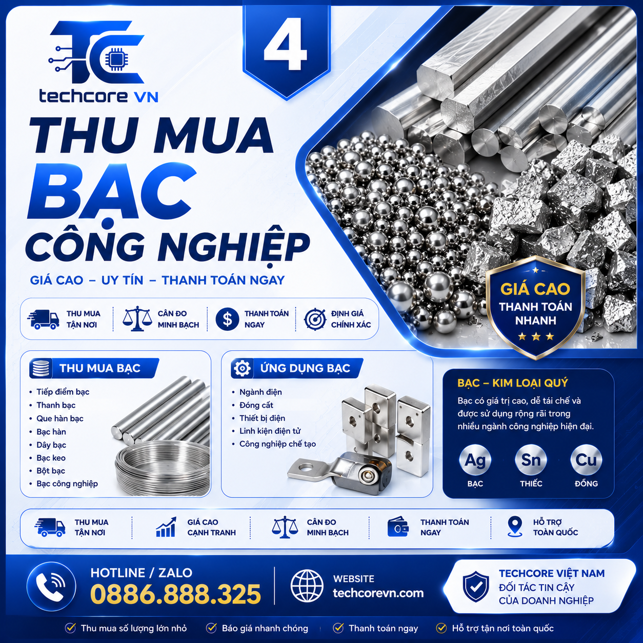 Thu Mua Bạc Công Nghiệp Giá Cao | Tiếp Điểm Bạc, Que Hàn Bạc | Techcore Việt Nam