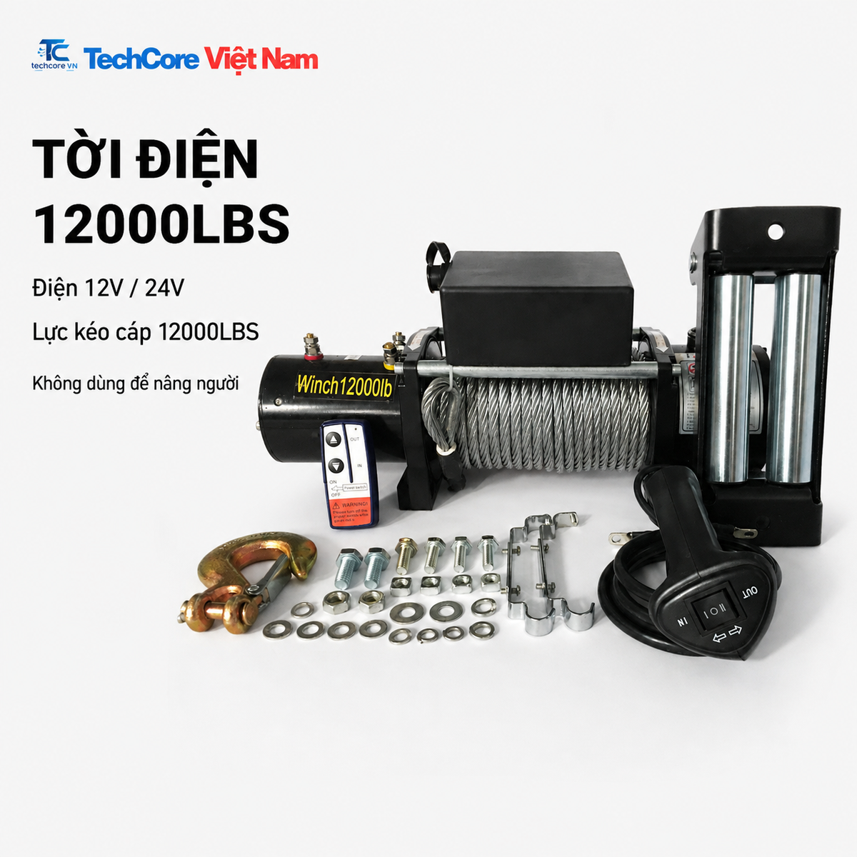 Tời điện 12V 24V lực kéo cáp 12000LBS TechCore Việt Nam