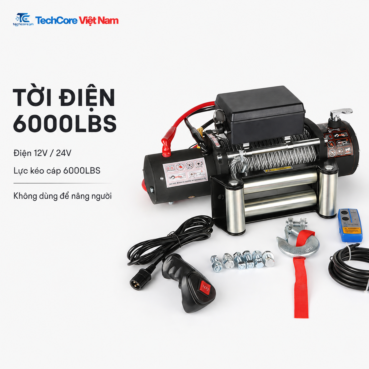 Tời điện 12V 24V lực kéo cáp 6000LBS TechCore Việt Nam
