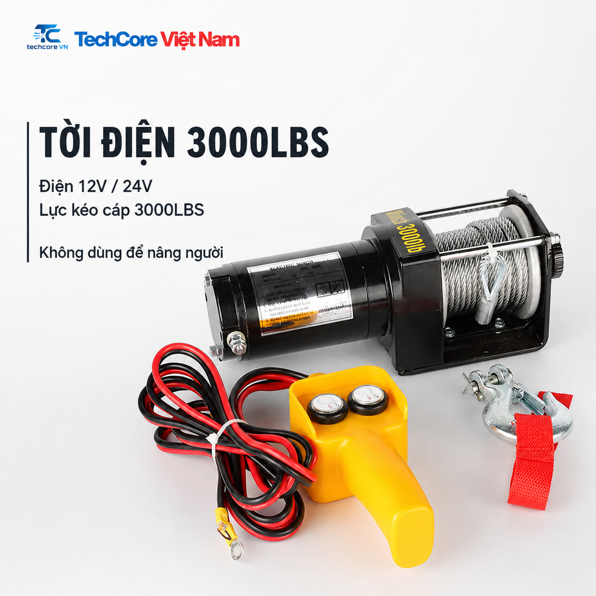 Tời điện 12V 24V lực kéo cáp 3000LBS TechCore Việt Nam