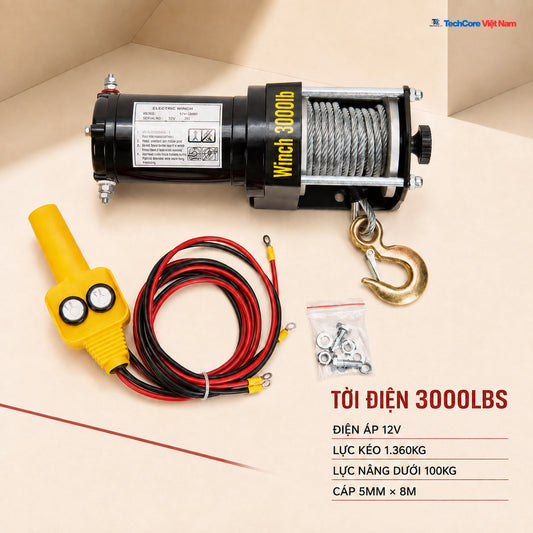 Tời Điện Ắc Quy 12V 3000LBS, Lực Kéo 1.360Kg, Cáp 8M – ảnh 1