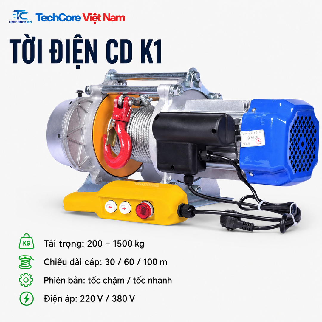 Tời điện CD K1 tải 200 đến 1500 kg cáp 30 đến 100 m - TechCore Việt Nam