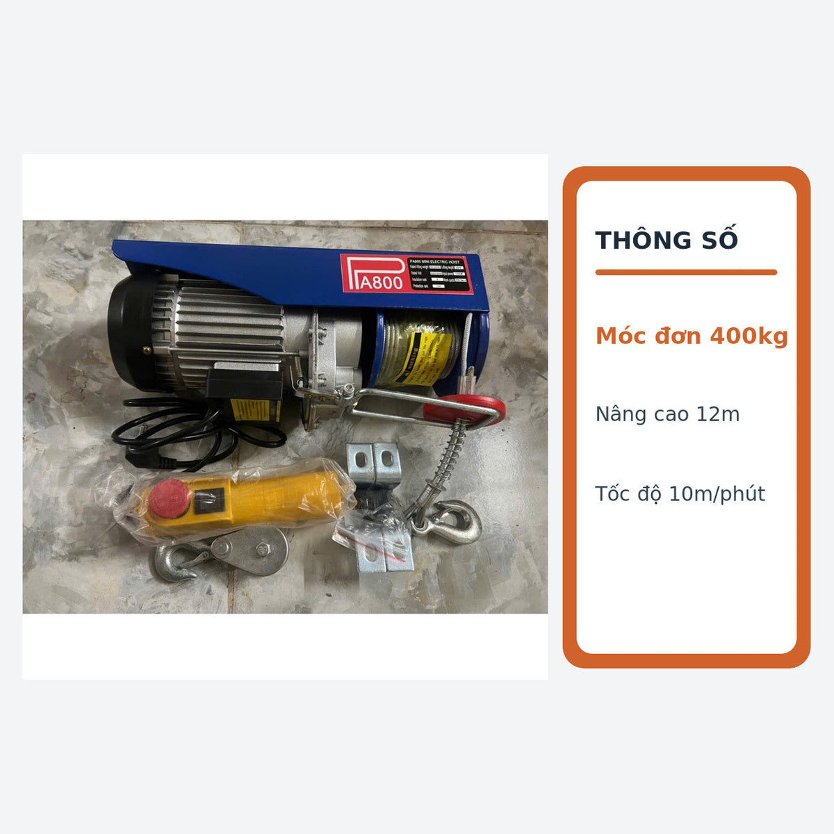 Tời Điện Treo PA800 220V Lõi Đồng, Móc Đôi 800Kg, Cáp 12–20M – ảnh 6