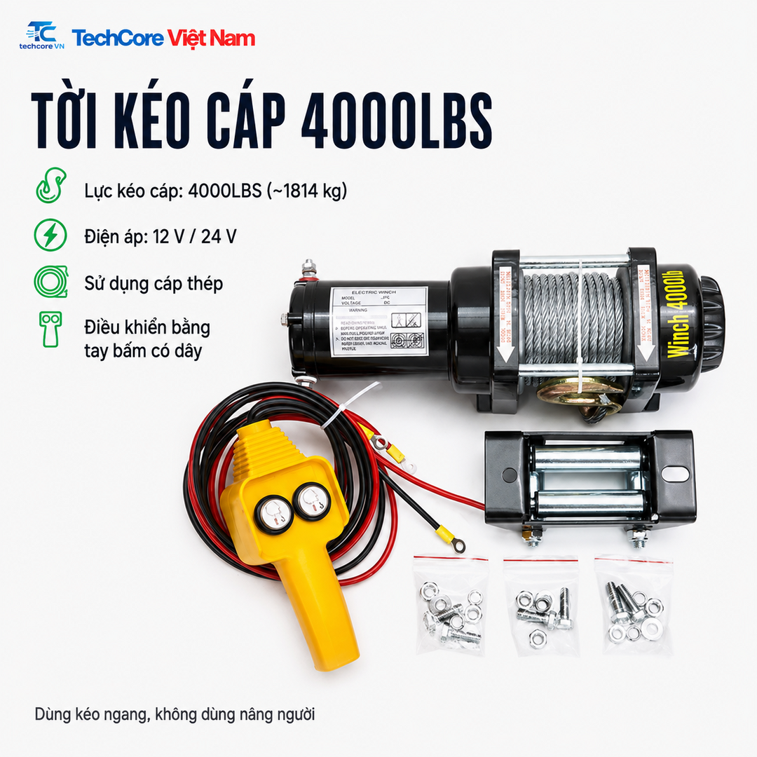 Tời kéo cáp 4000LBS điện 12V 24V - TechCore Việt Nam