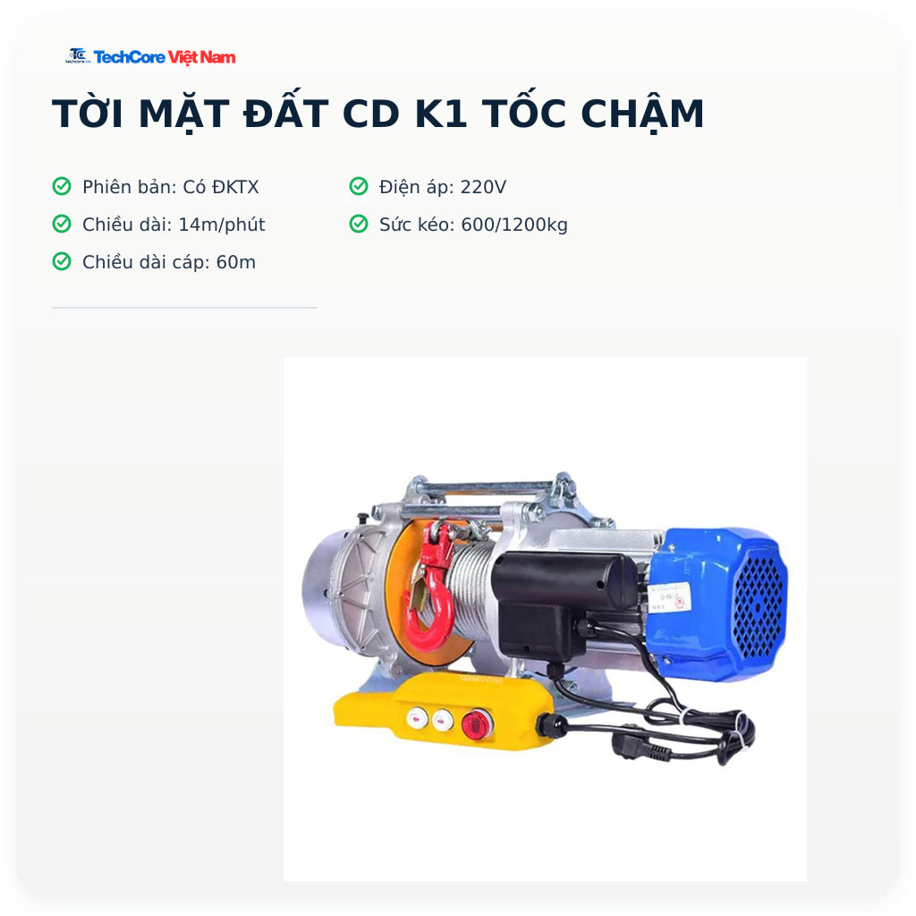 Tời Mặt Đất CD K1 tốc chậm – Có ĐKTX – 220V – 14m/phút – 600/1200kg – Cáp 60m – ảnh chính