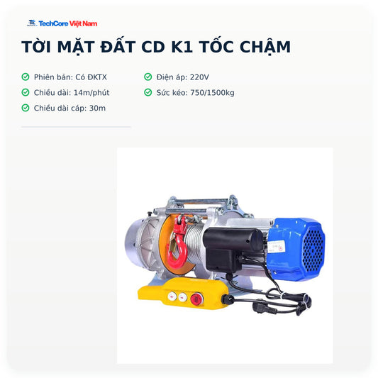Tời Mặt Đất CD K1 tốc chậm – Có ĐKTX – 220V – 14m/phút – 750/1500kg – Cáp 30m – ảnh chính