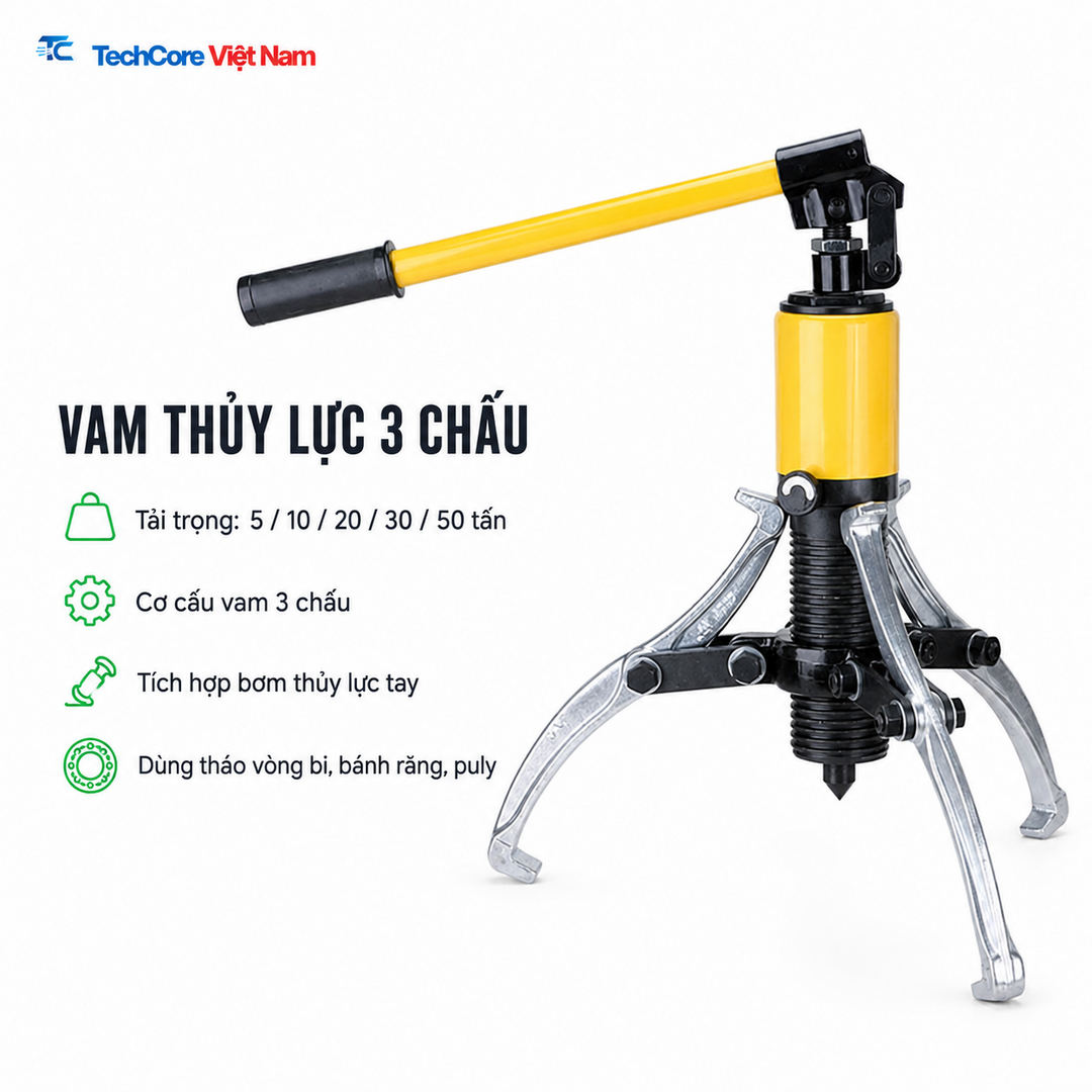 Vam thủy lực 3 chấu tải trọng 5 đến 50 tấn - TechCore Việt Nam