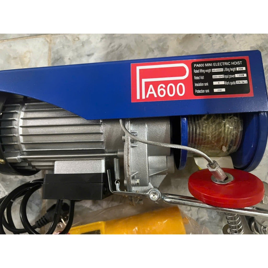 Máy Tời Điện 220v Lõi Đồng, Máy Tời Treo PA600 Móc Đơn 300kg, Móc đôi 600kg Cáp Dài 12, 20 Mét