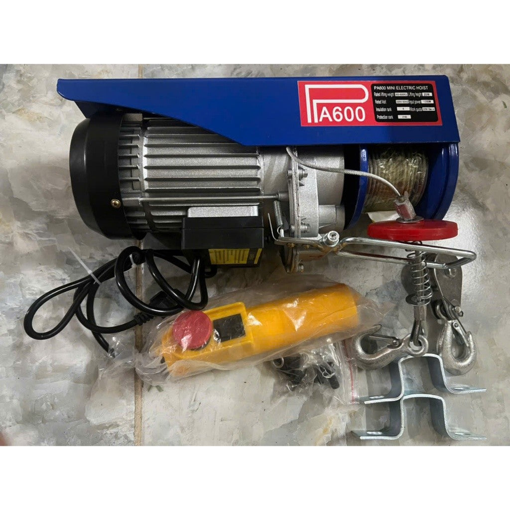 Máy Tời Điện 220v Lõi Đồng, Máy Tời Treo PA600 Móc Đơn 300kg, Móc đôi 600kg Cáp Dài 12, 20 Mét