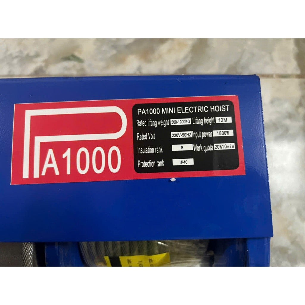 Máy Tời Điện 220v Lõi Đồng, Máy Tời Treo PA1000 Móc Đơn 500kg, Móc đôi 1000kg Cáp Dài 12, 20 Mét