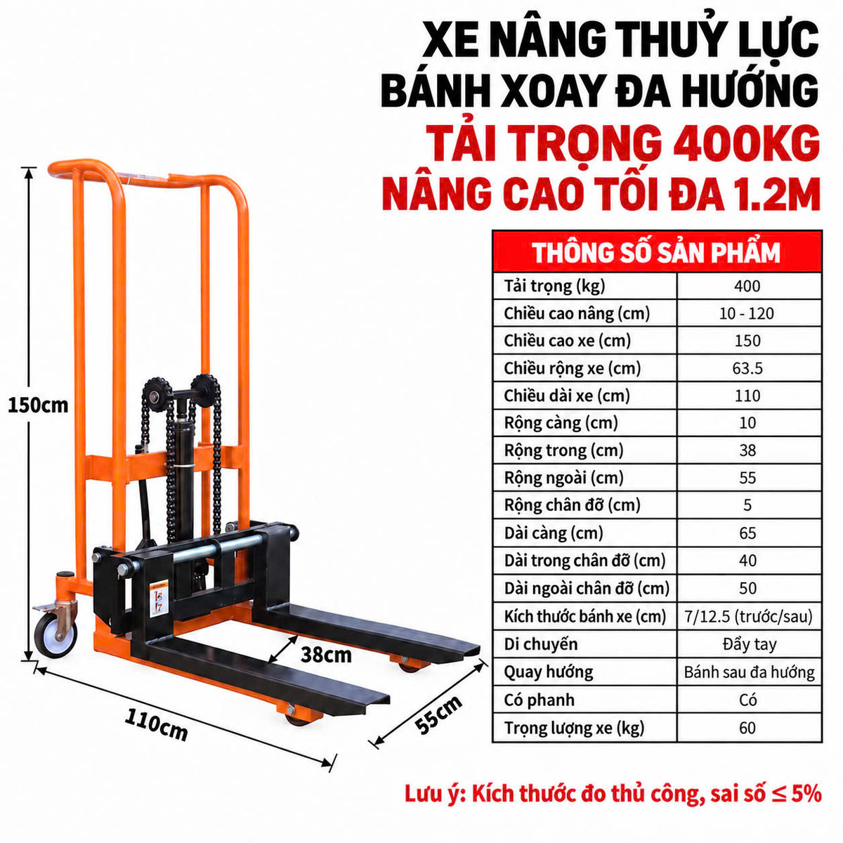 Xe Nâng Đẩy Hàng 200 – 400KG Cao 120CM – ảnh 8